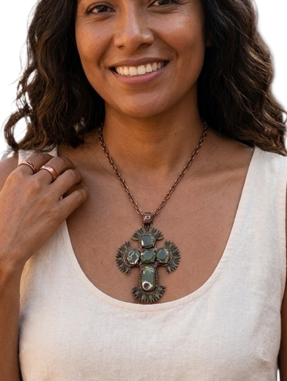 Vintage Bronze Olive Green Faux Stone Boho Statement Cross Pendant